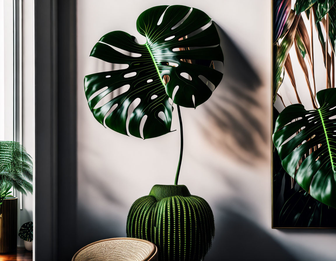 Monstera leaf in ribbed green vase near window with sunlight casting shadows.