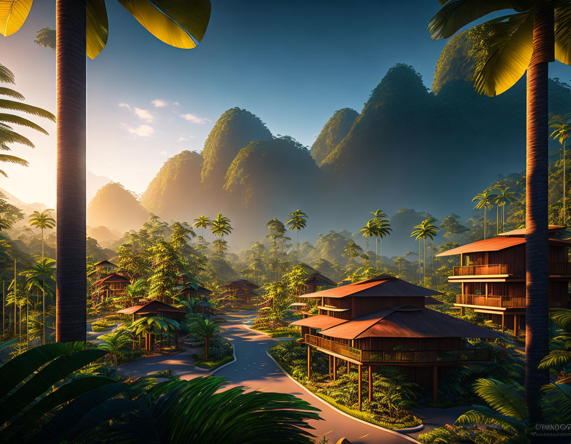 Tropical sunrise scene with green mountains, palm trees, and wooden houses