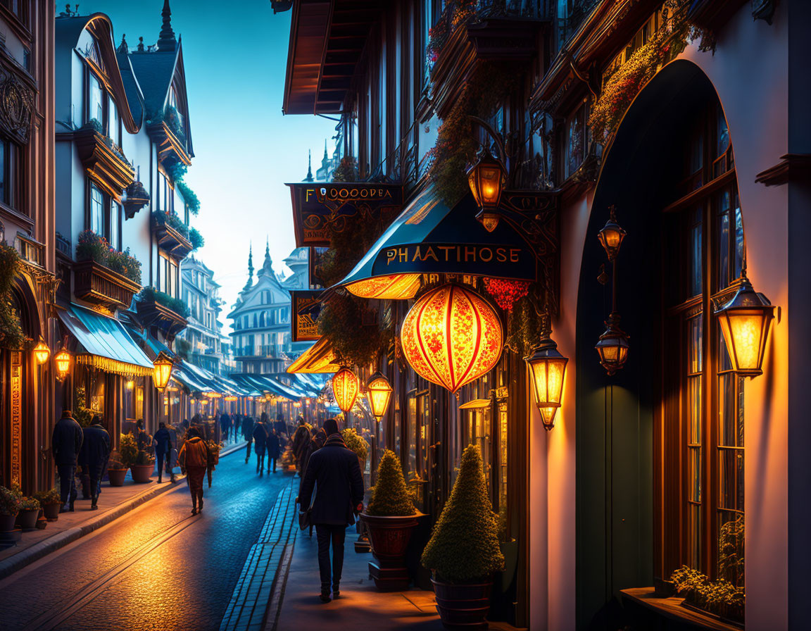 European Street Scene: Twilight with Vintage Lanterns, Ornate Buildings, and Pedestrians