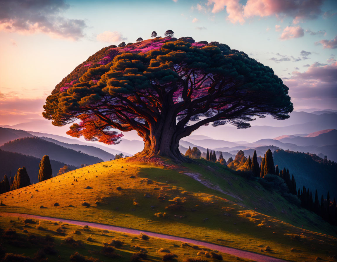 Solitary tree on hill at sunset with layered hills and serene sky