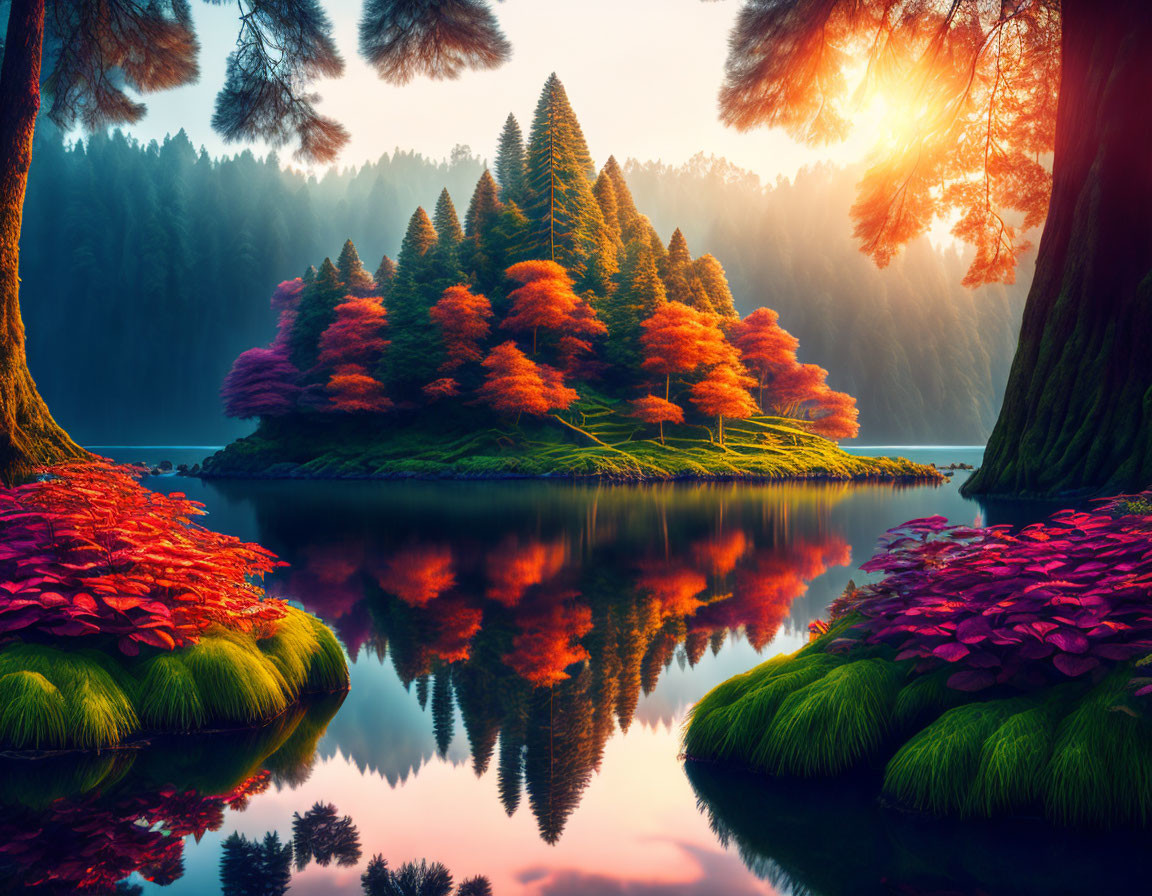 Tranquil lake mirroring vibrant island with colorful foliage and tall pine trees at sunset