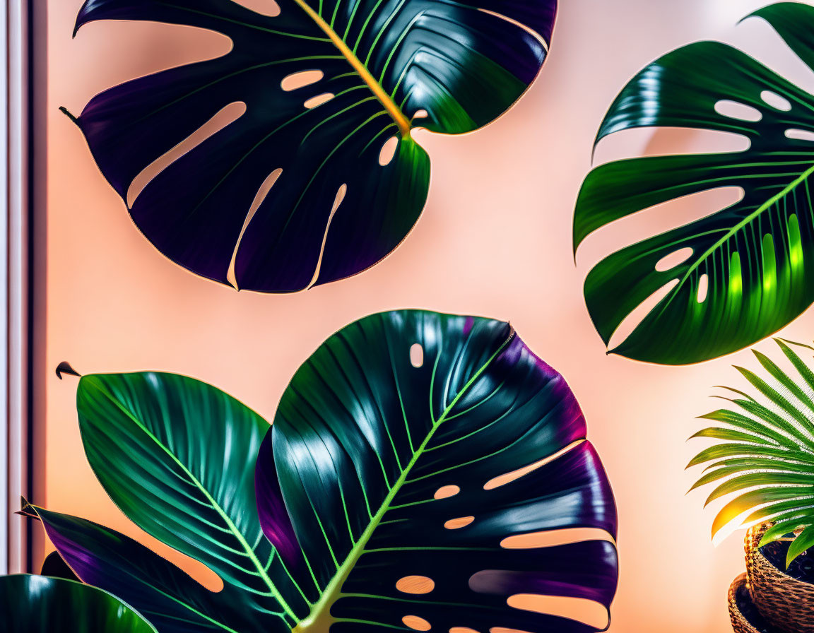 Tropical monstera leaves on peach-pink backdrop with light source and potted palm plant.