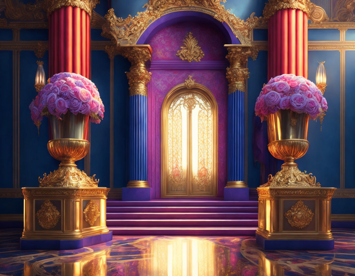 Luxurious Royal Interior with Floral Arrangements, Golden Columns, Purple Throne, and Stained Glass