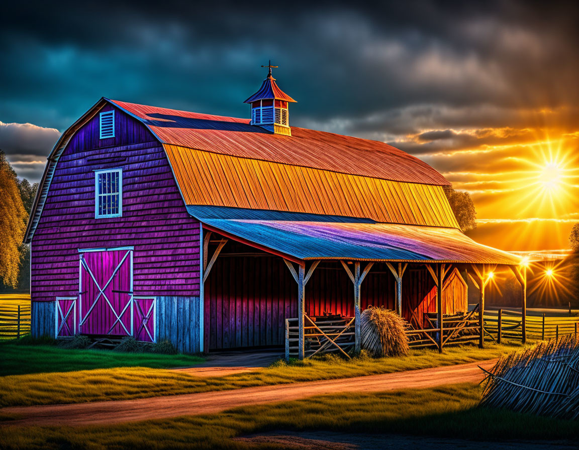 Colorful Barn with Red, Yellow, and Blue Roof in Setting Sun Glow