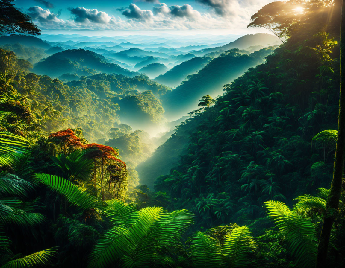 Lush Green Tropical Rainforest with Mountain Ranges