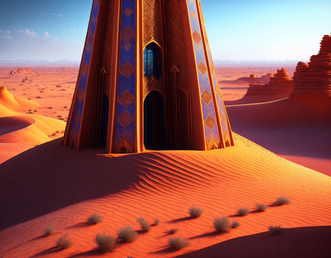 Intricate blue and gold patterned structure in desert sunset