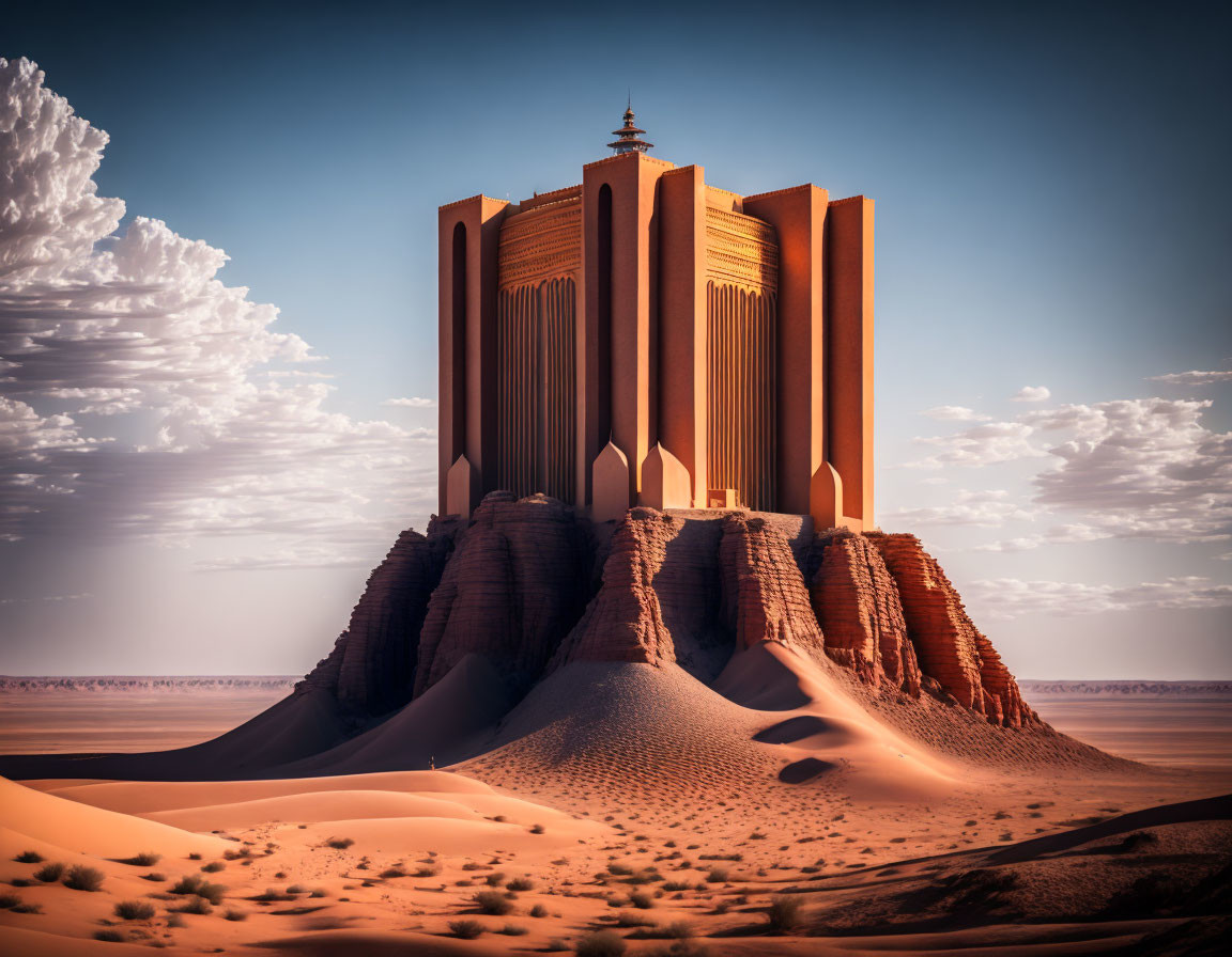 Futuristic desert building with tall spires and ornate designs