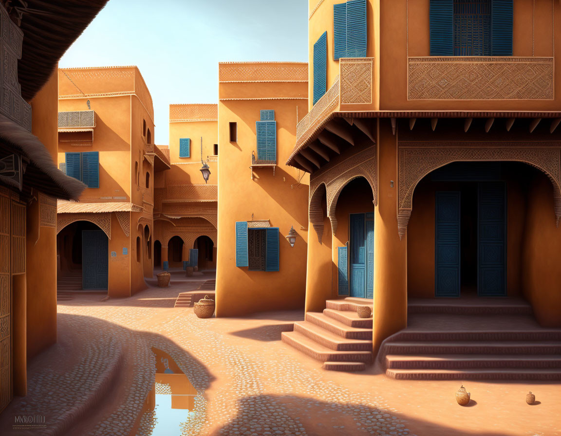 Desert town with terracotta buildings and blue accents