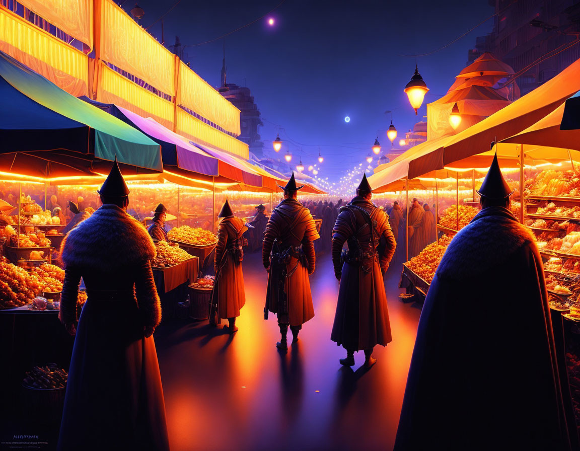 Four figures in cloaks and pointed hats at a vibrant night market.