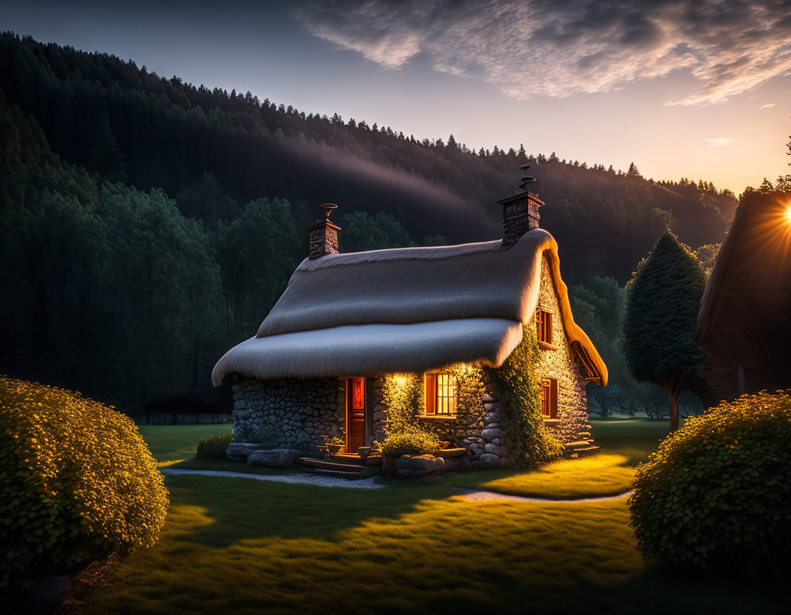 Thatched-Roof Cottage in Forest Clearing at Dusk