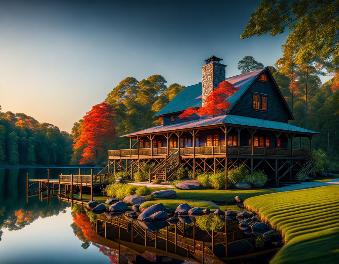 Tranquil lakeside house with balcony in autumn sunset