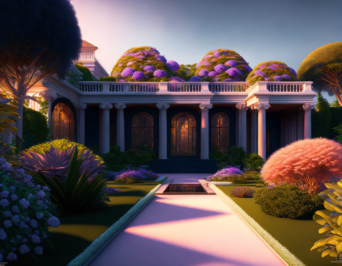 Classical Mansion Surrounded by Vibrant Garden with Purple Flowers