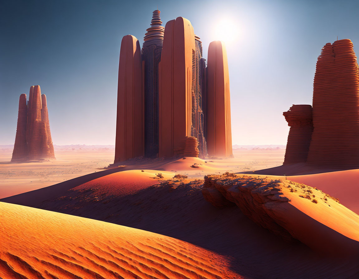 Orange Desert: Futuristic Towers Amid Clear Sky