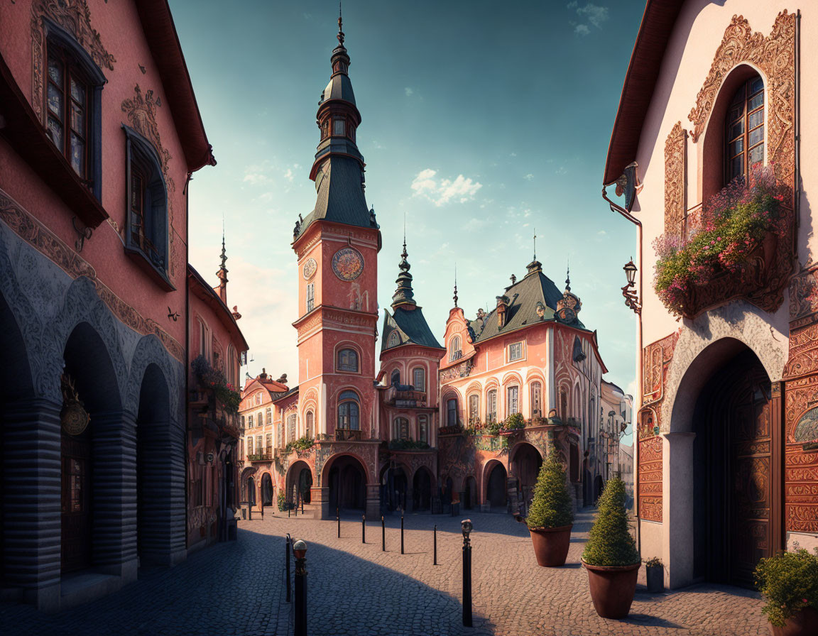 European Town Square with Cobblestones, Clock Tower, and Hanging Baskets