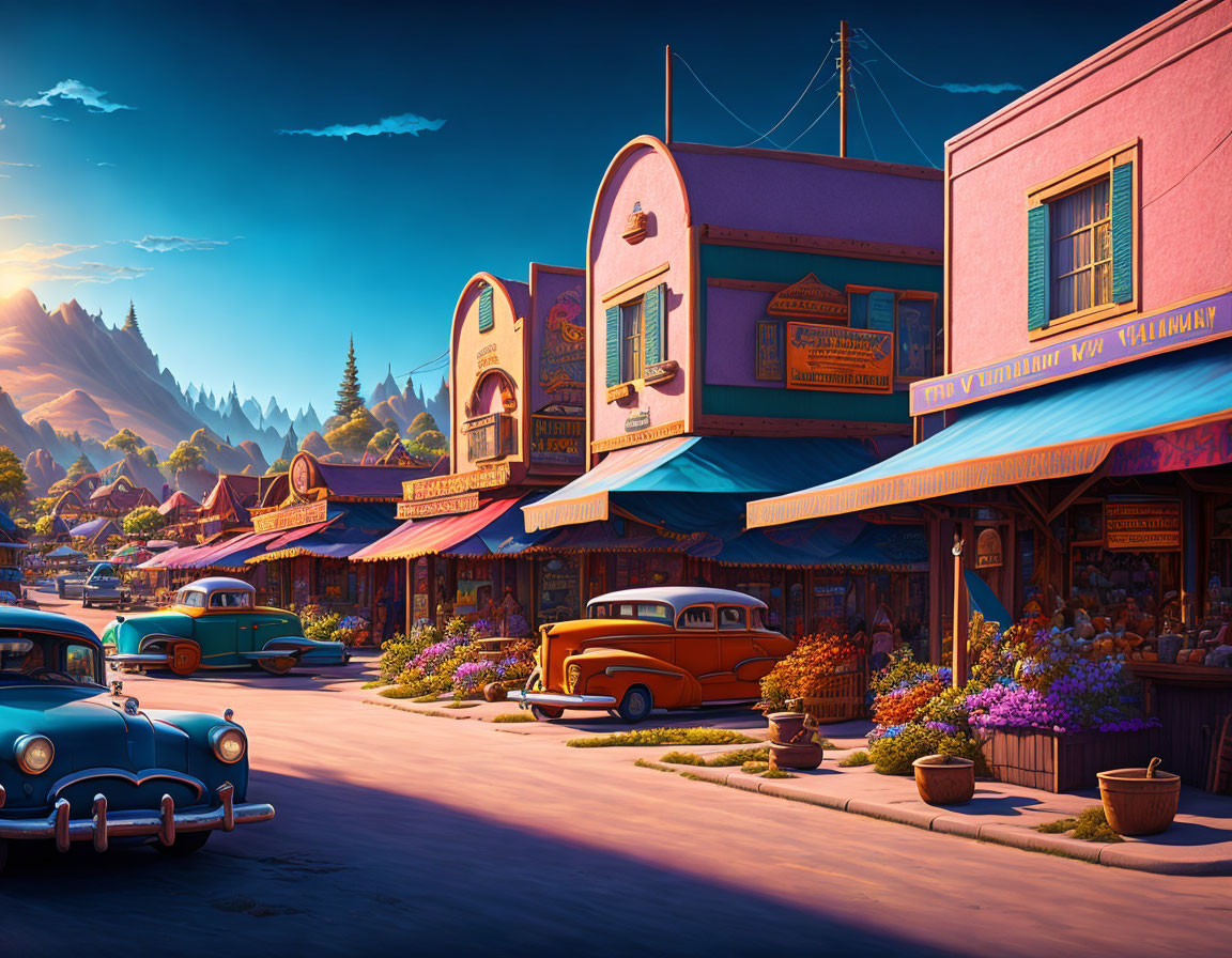 Vintage cars and colorful buildings in vibrant street scene