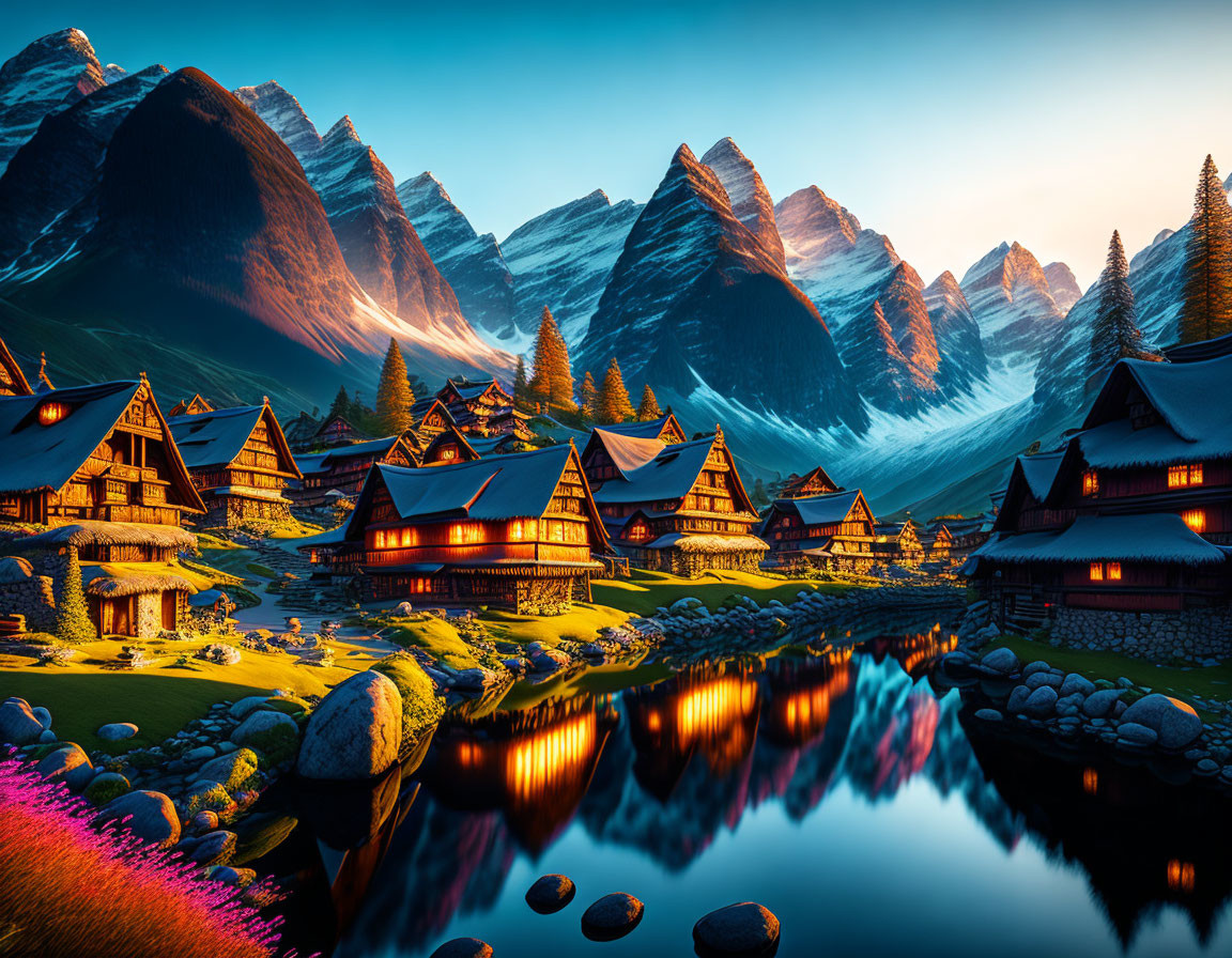 Scenic Mountain Village at Dusk with Snowy Peaks