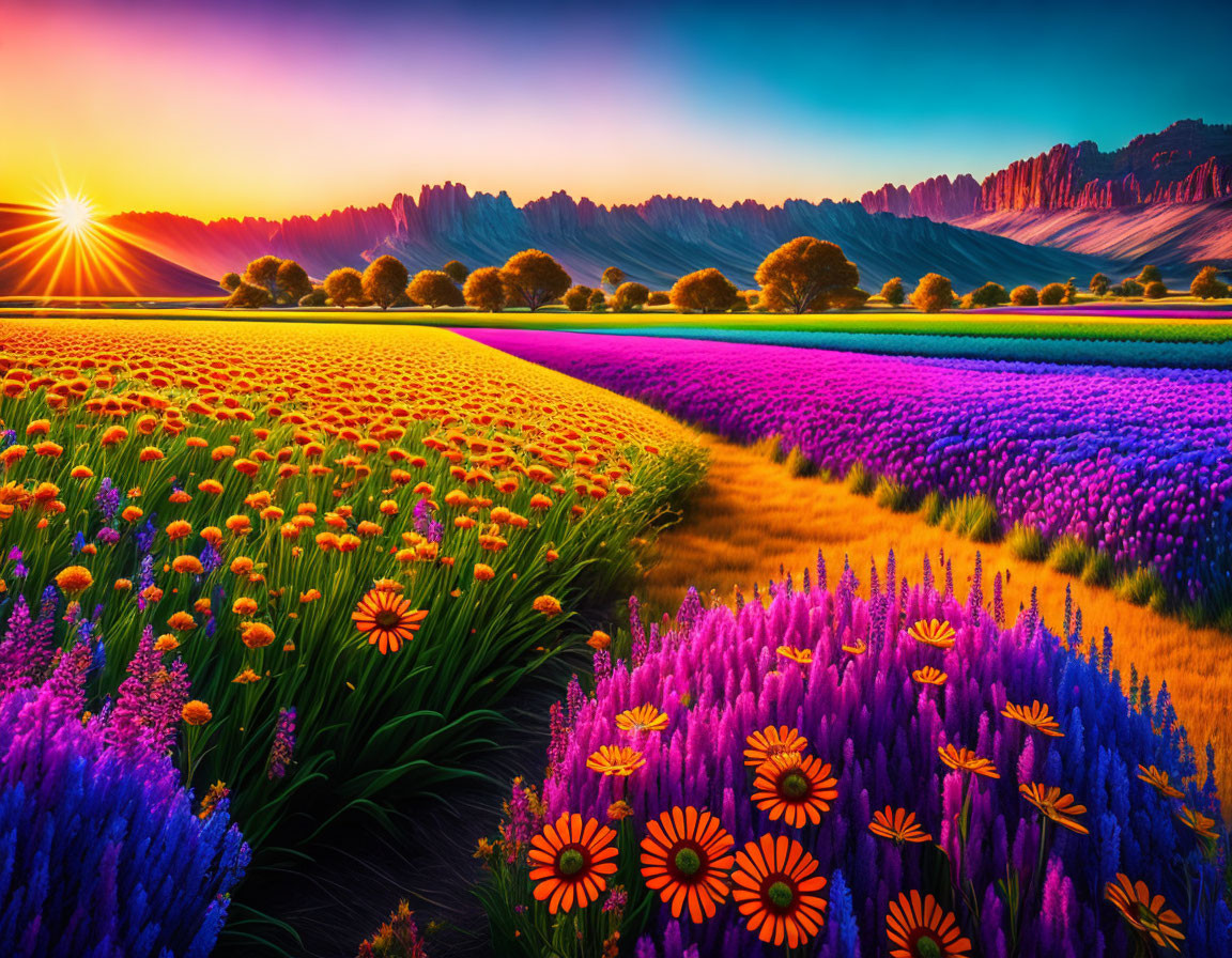 Colorful Flower Fields Sunset with Mountain Backdrop