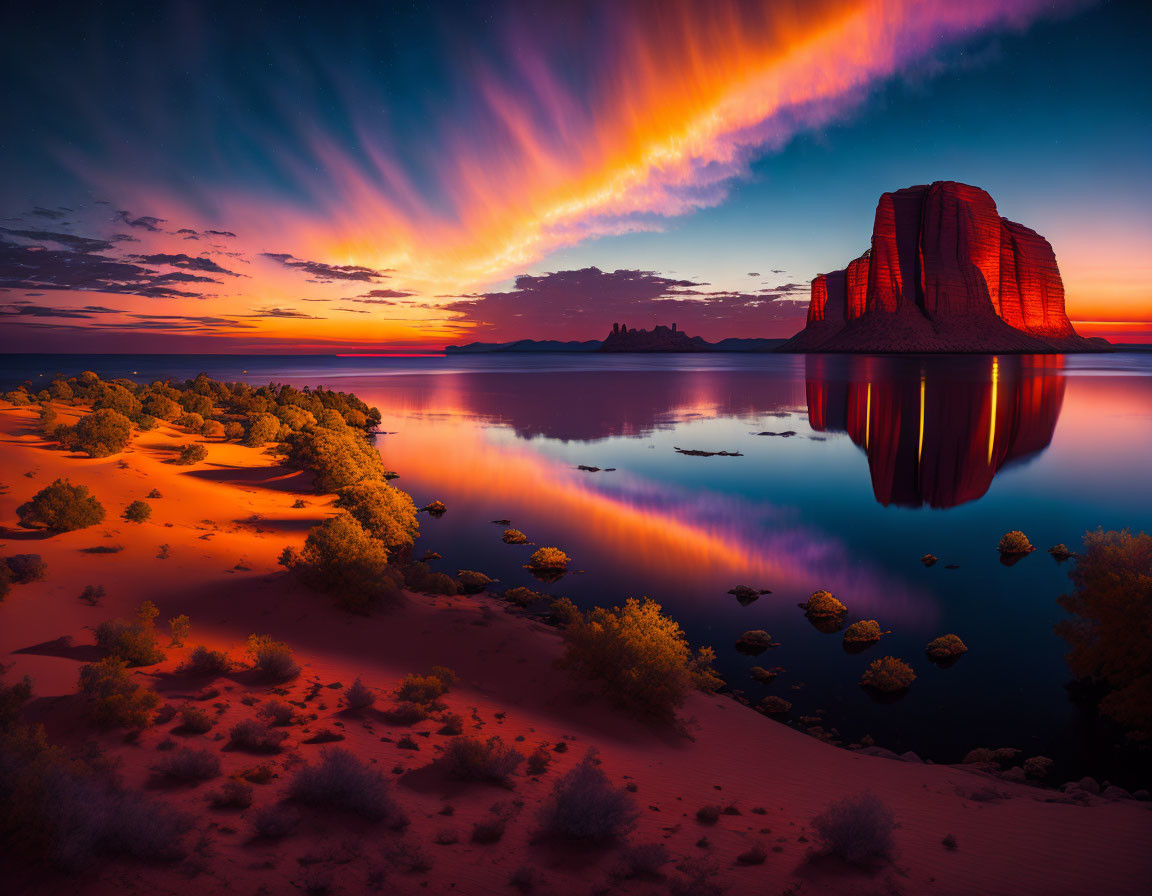 Serene lake sunset with rock formation reflected in water