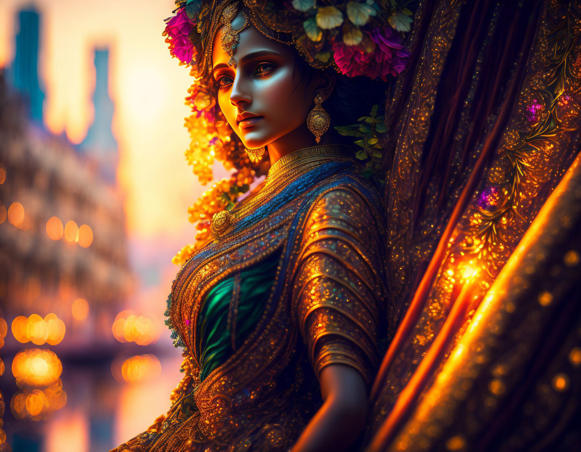 Traditional Indian woman in ornate saree and jewelry against cityscape at twilight