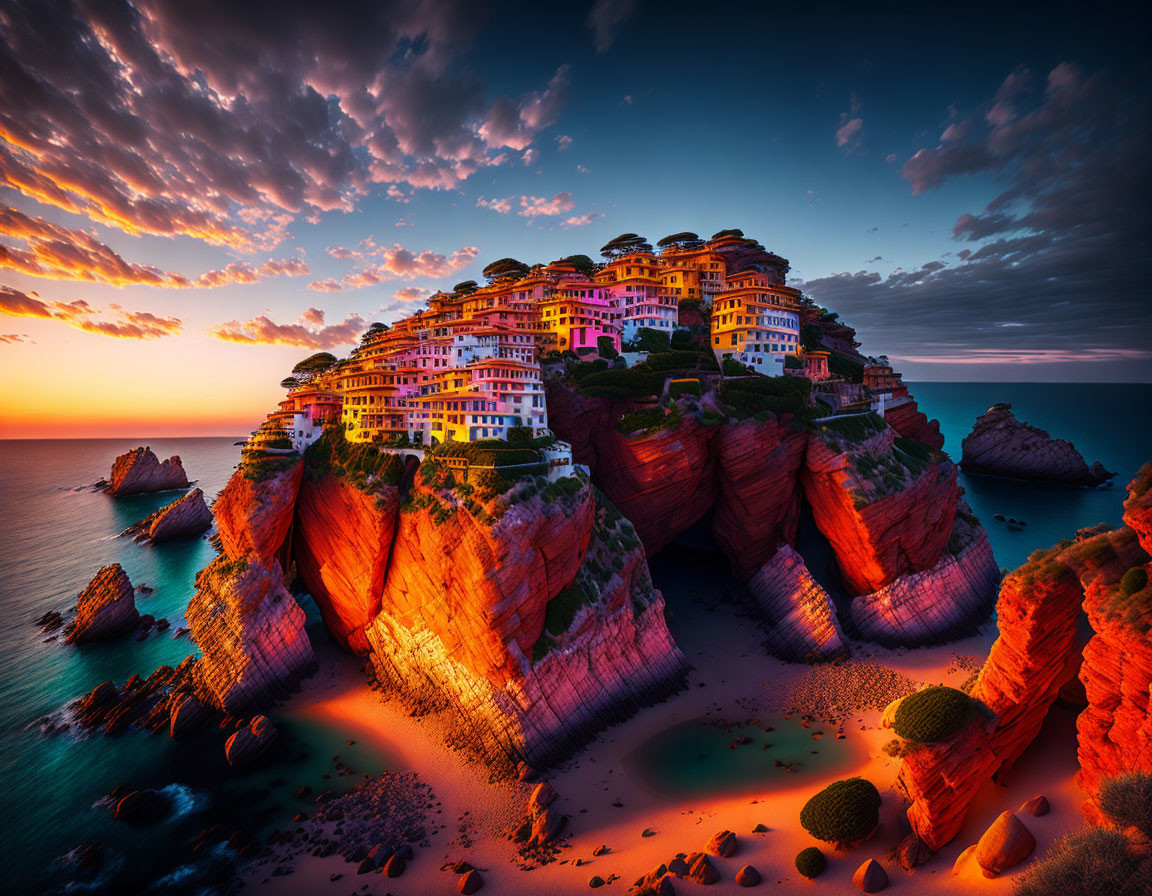 Vivid coastal sunset with red cliffs and buildings reflecting warm hues.