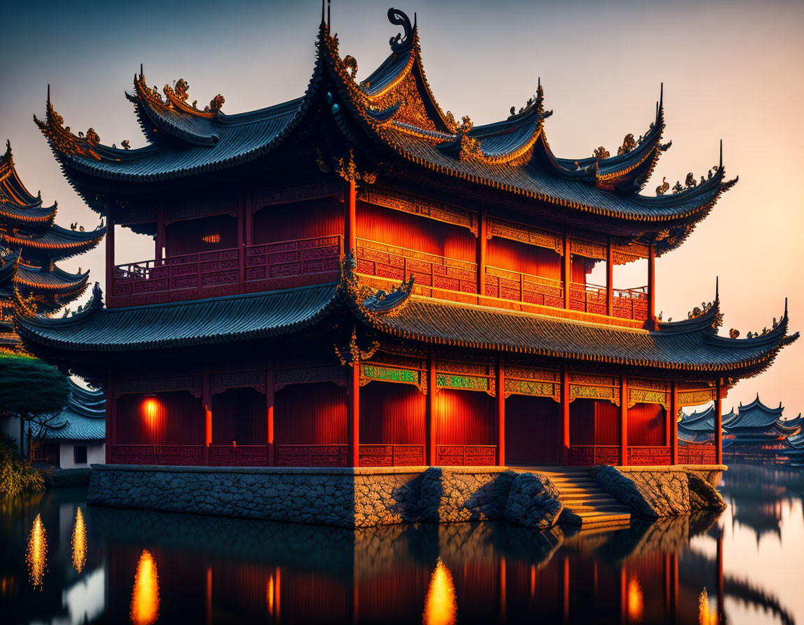 Intricate Traditional Chinese Architecture at Sunset