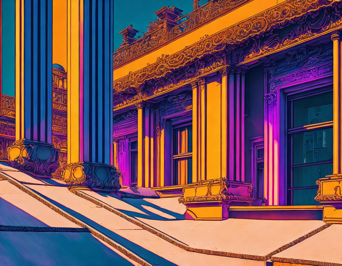 Digitally altered image of classical building with vivid colors, columns, ornate details, and staircase