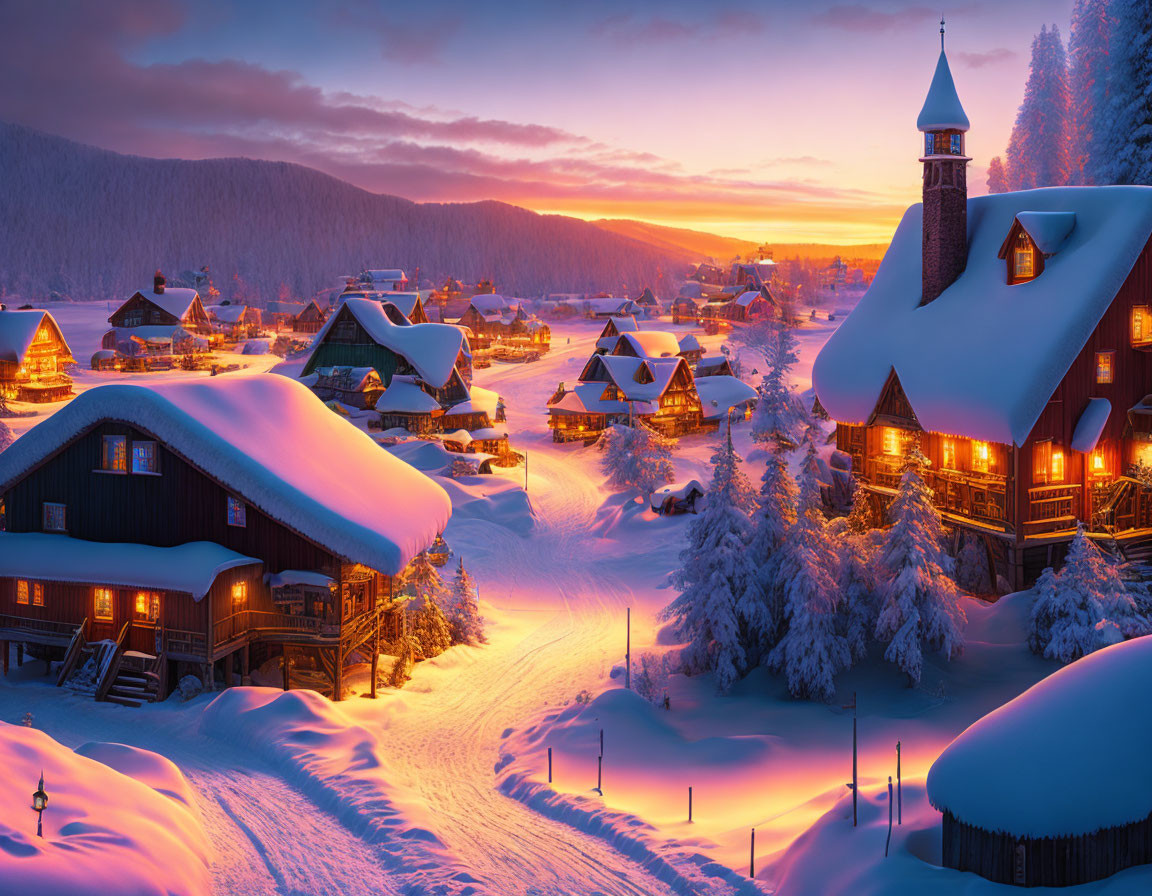 Snow-covered village at sunset: Cozy chalets, church spire, rolling hills, forests