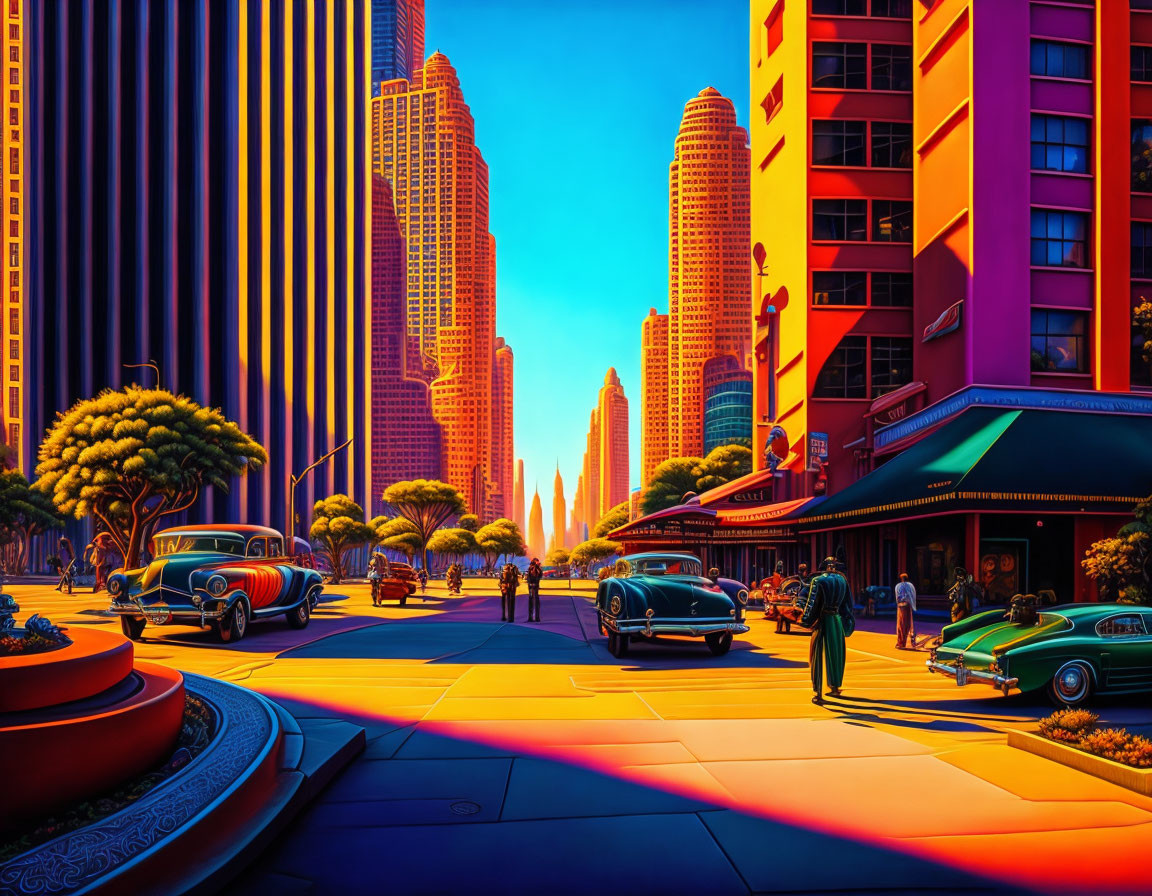 Retro-futuristic cityscape with classic cars, skyscrapers, and pedestrians at sunset