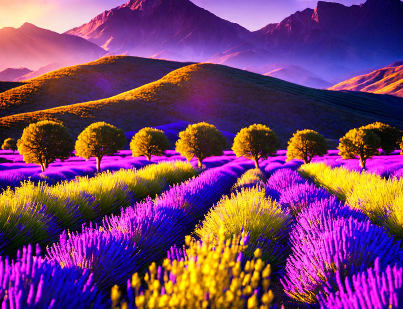 Lavender Fields with Greenery, Purple Sky, and Mountains