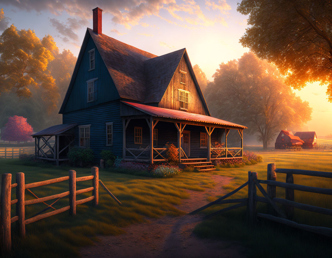 Tranquil sunset scene at rustic blue farmhouse