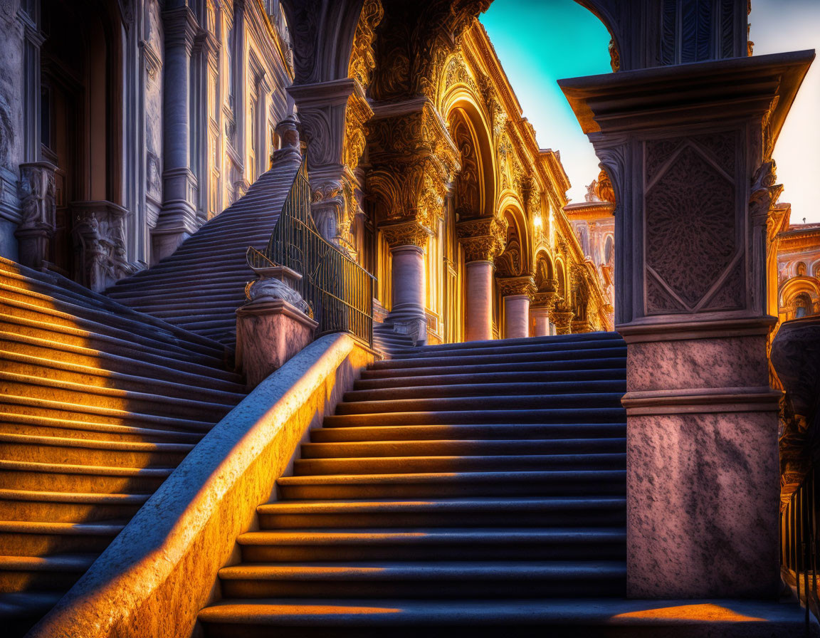 Elaborate metal staircase outside grand building at sunset