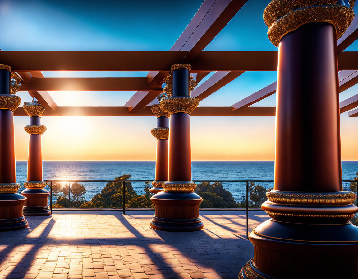 Ornate columns framing a sunset sea view