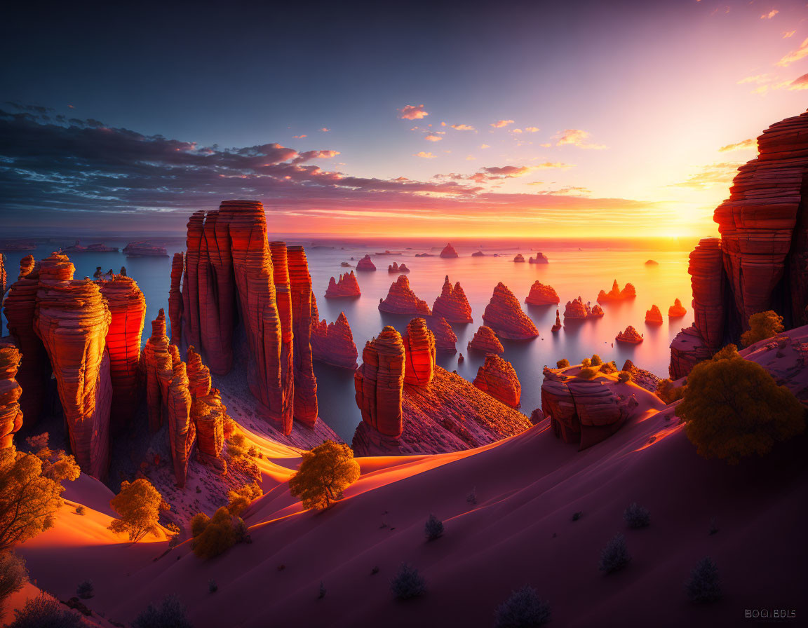 Vibrant sunrise hues over surreal red rock formations and tranquil sea