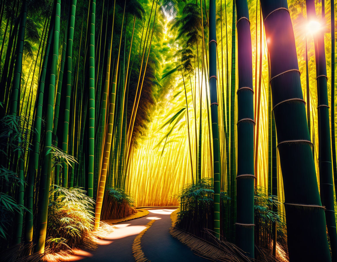 Winding path through lush bamboo forest with sunlight filtering through canopy