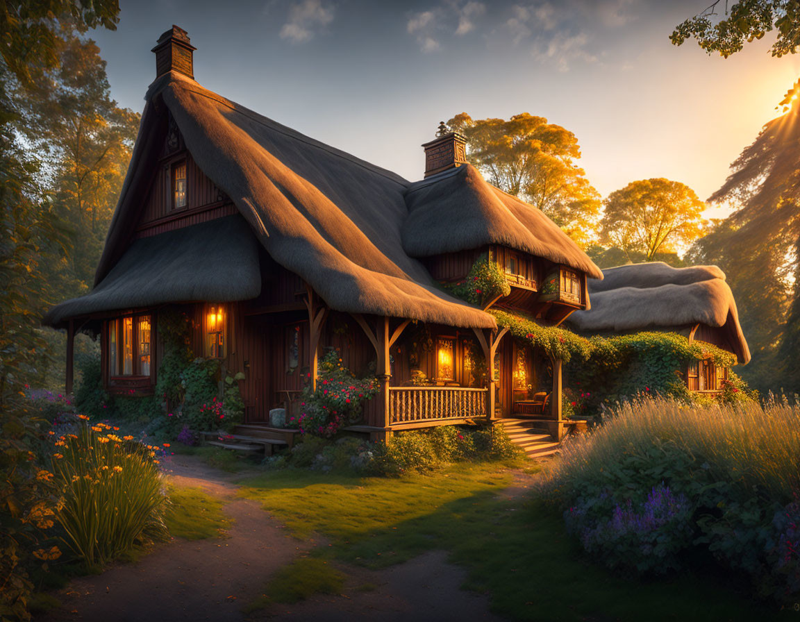 Thatched-Roof Cottage in Lush Garden at Sunset