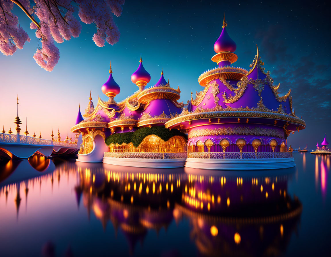 Vibrant Purple Domes Palace Reflected in Tranquil Water at Twilight