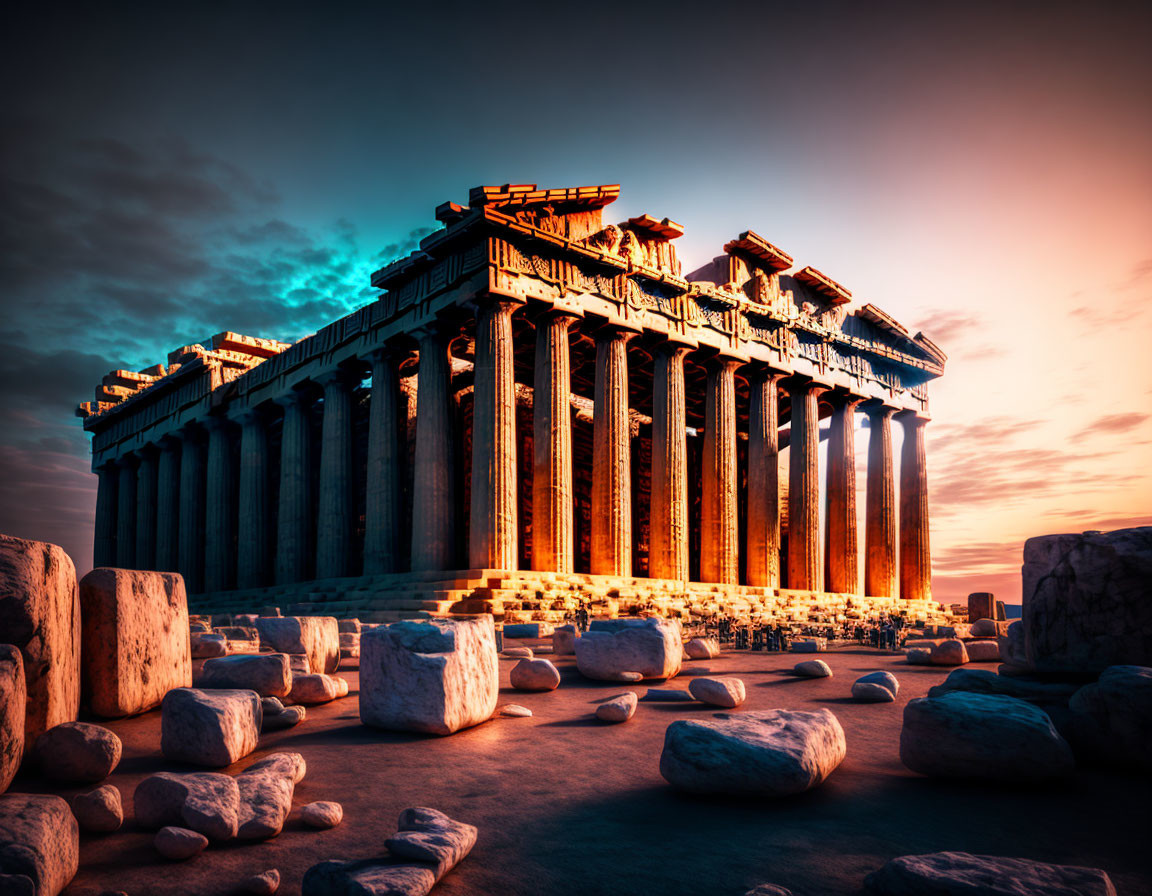 Ancient Greek temple silhouette against dramatic sunset sky.