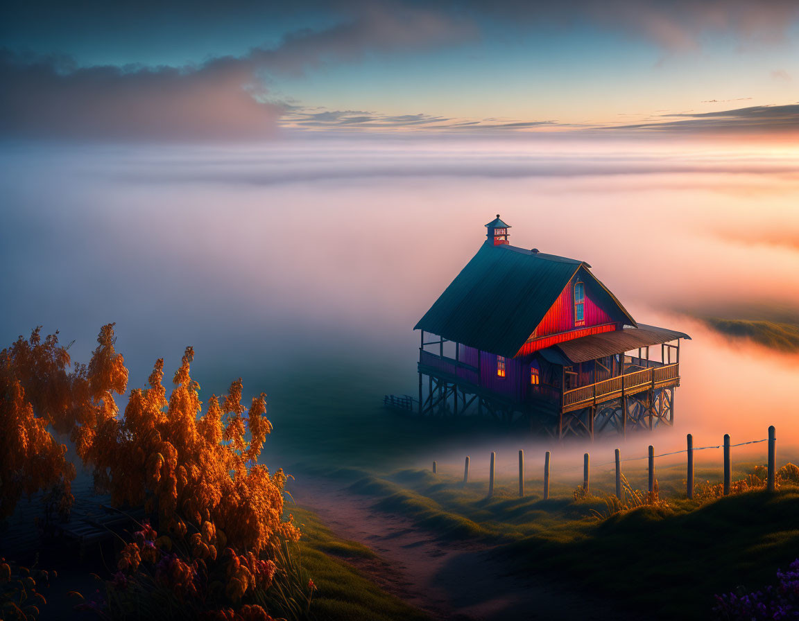 House on Stilts Surrounded by Fog and Autumn Trees