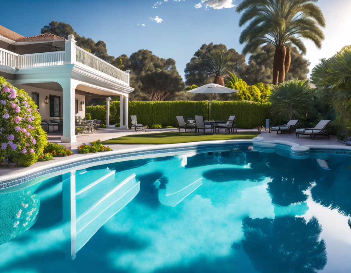 Luxurious House with Swimming Pool, Sun Loungers, and Palm Trees