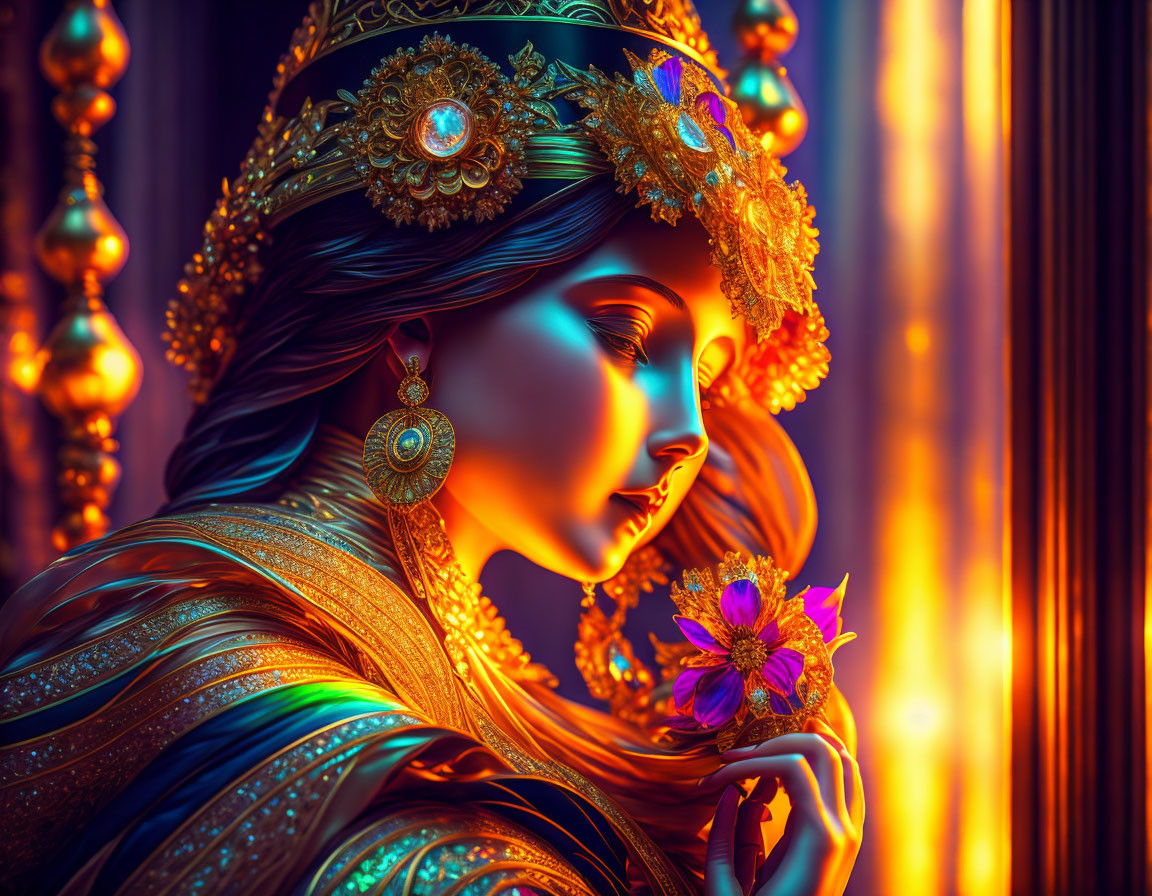 Illustrated woman in golden headdress with flower against warm backdrop