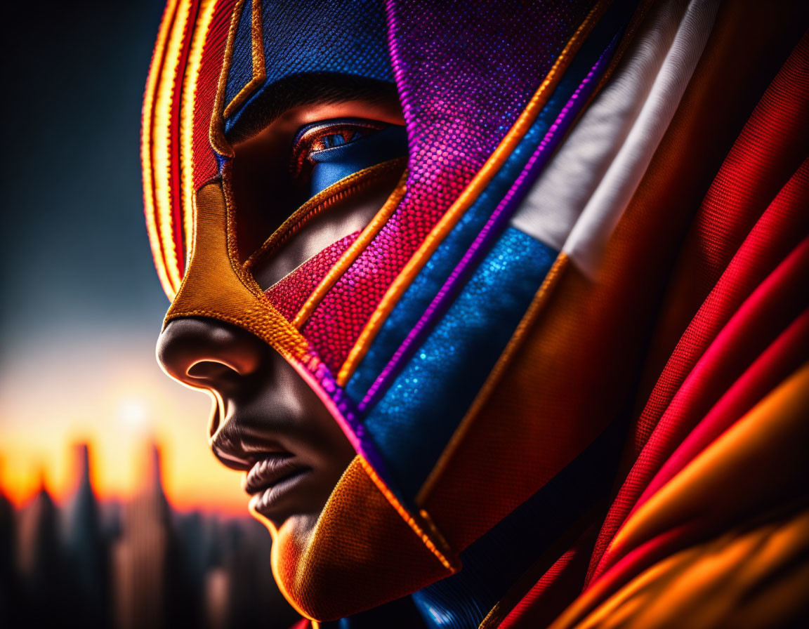 Vibrant superhero mask against city skyline at sunset