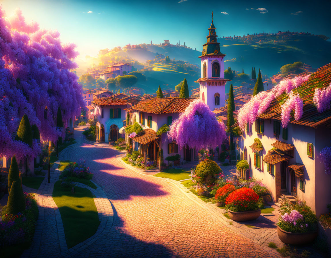 Scenic village with white houses and wisteria under golden sunset