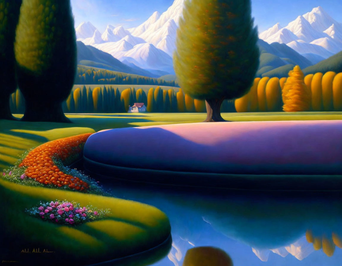 Scenic landscape painting with trees, river, flowers, and mountains