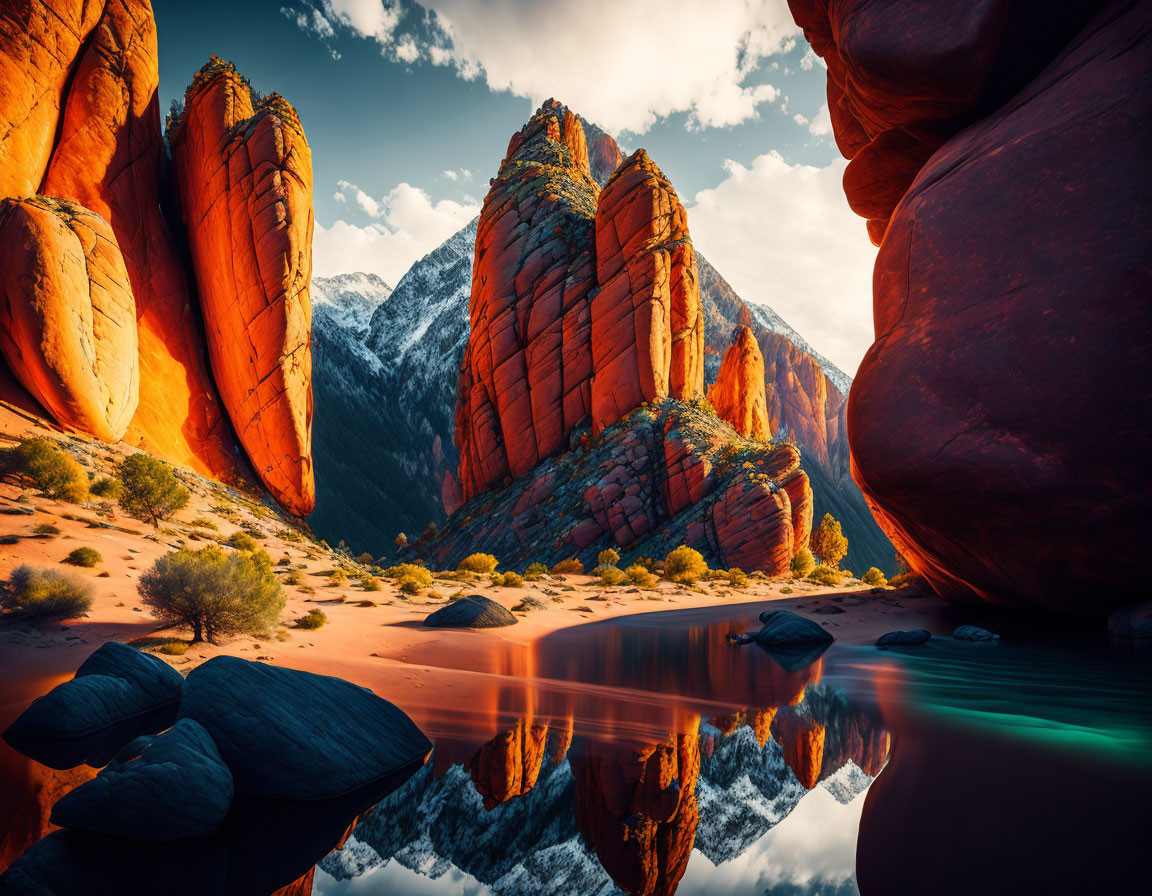 Tranquil red rock landscape with snowy mountains and water reflection