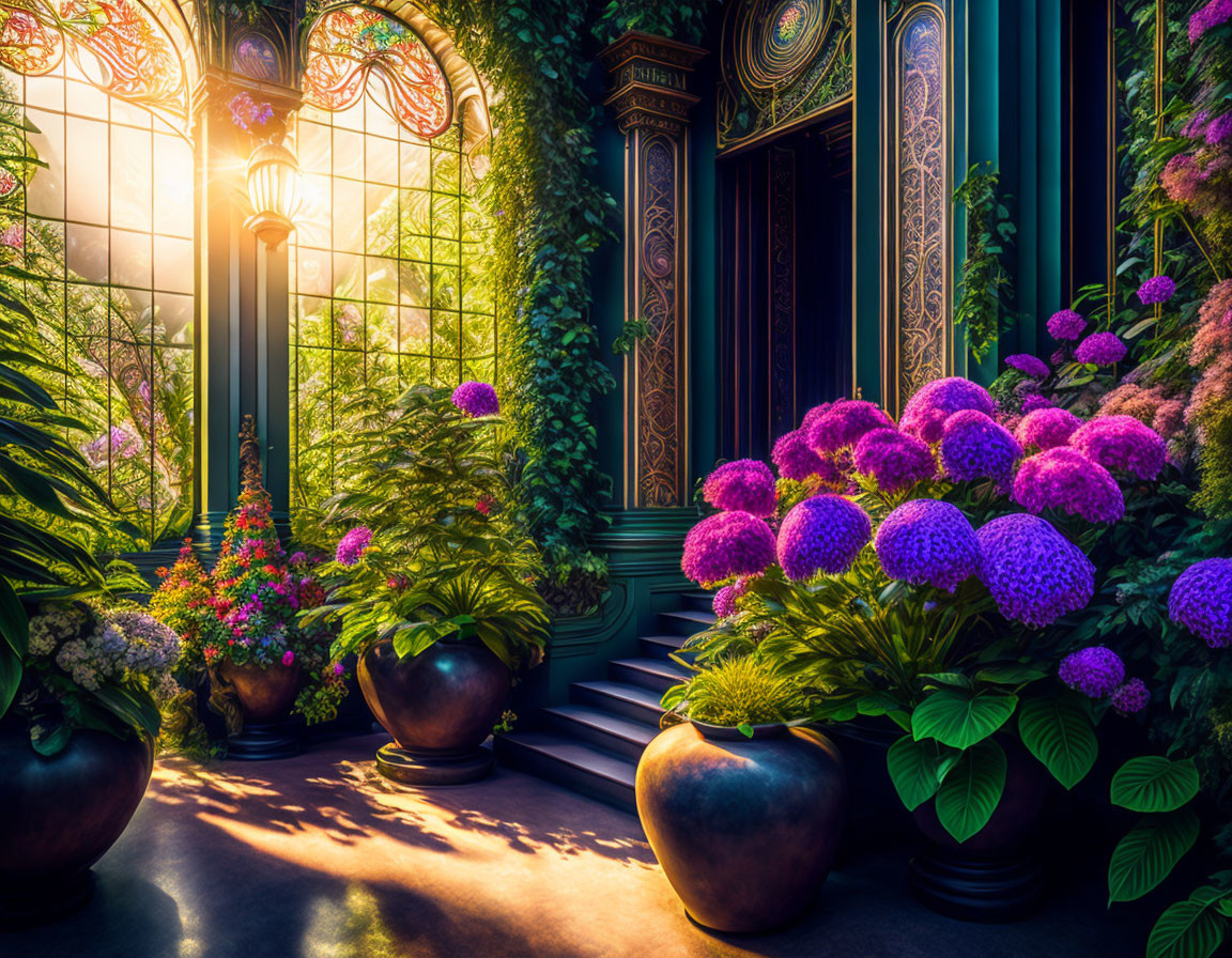 Lush indoor garden with purple hydrangeas in pots and sunlight through stained glass windows