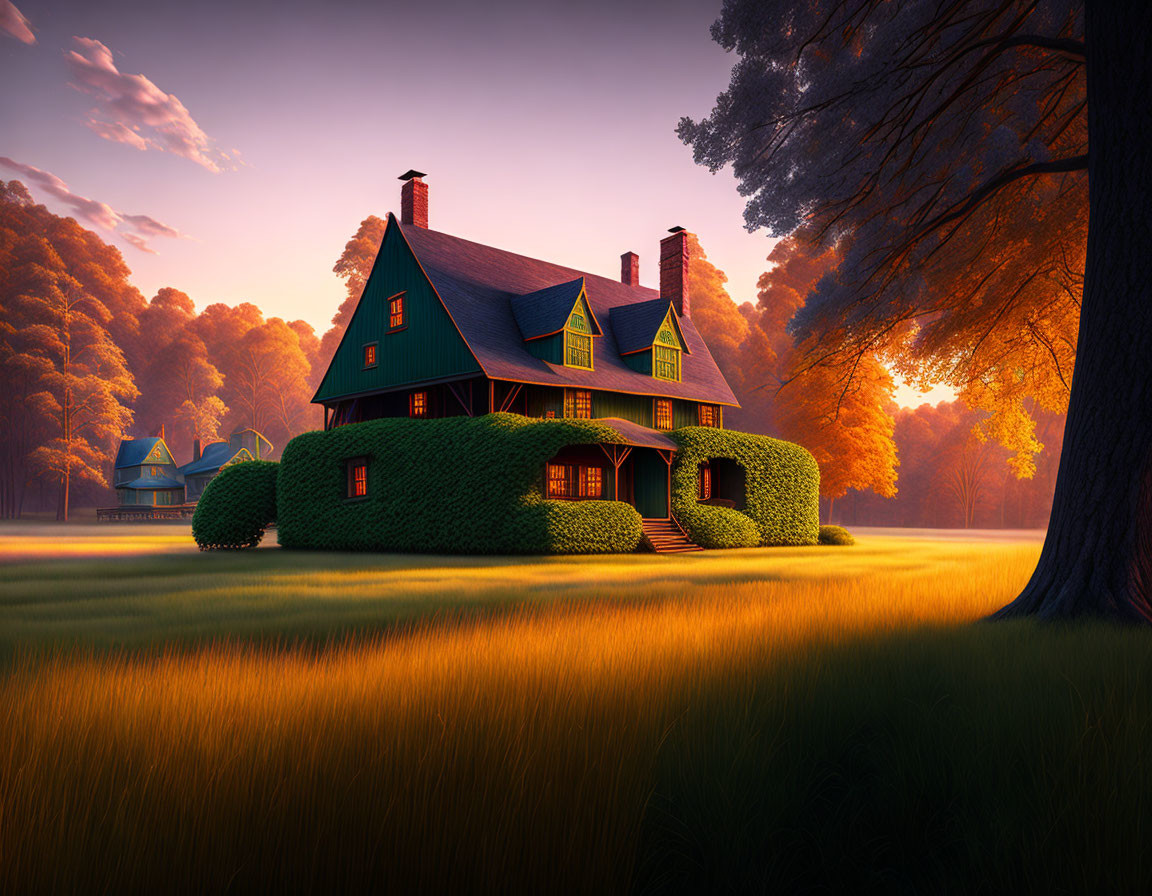 Red-roofed two-story house in serene meadow at sunset