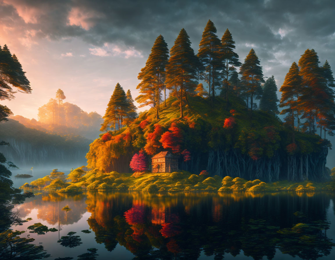 Tranquil autumn landscape with colorful trees, cabin, and misty sunrise