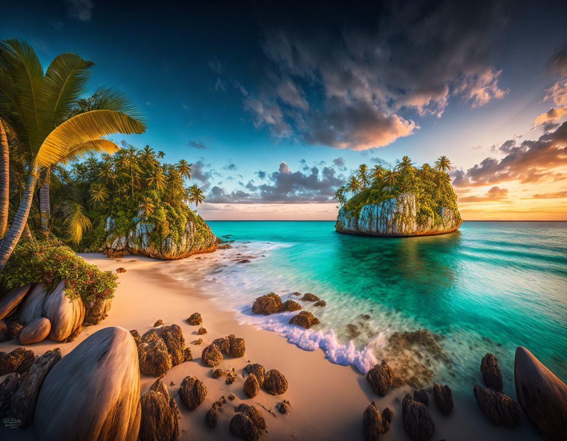 Sunset tropical beach with rocks, palm trees, turquoise water, and distant island.