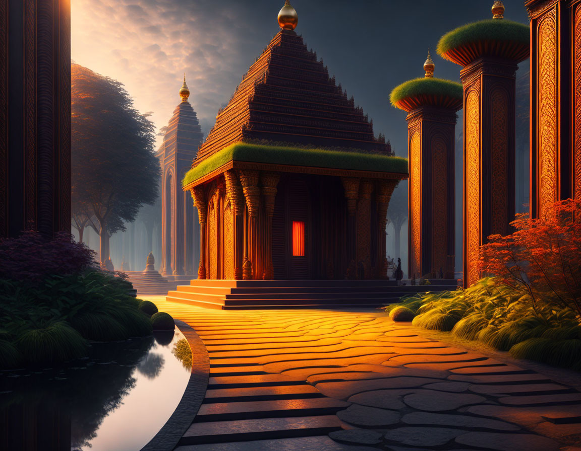 Serene temple with glowing interior light and lush gardens at sunset