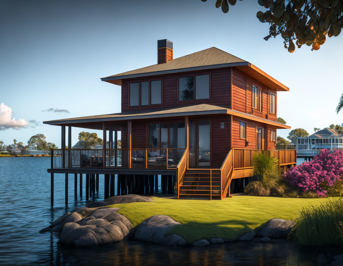 Riverside two-story house with wraparound deck and large windows in lush green setting